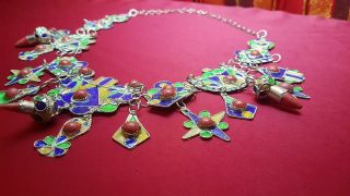 Morocco - Algerian - Sterling Silver Charm Necklace Enamel - Berber - Kabyl - Handmade