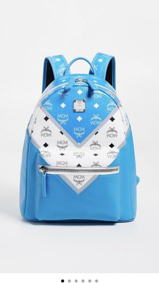Nwt Authentic $895 Mcm Stark Medium Move Visetos Backpack Blue White Stud Rare