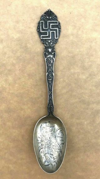 Vintage Good Luck Swastika Sterling Silver Souvenir Spoon Lankin North Dakoda