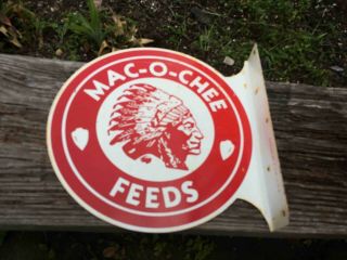 Vintage Mac - O - Chee Feeds 2 Sided Painted Advertising Flange Sign Indian Logo
