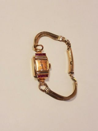 Vintage Analog Gruen 14k Rose Gold Watch With Rubies - Runs Well