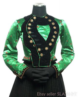 Stunning German Folk Costume Jacket Antique Silk Handmade Buttons Green Red Xmas