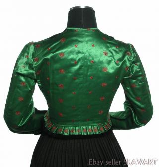 STUNNING German Folk Costume jacket antique silk handmade buttons green red Xmas 2
