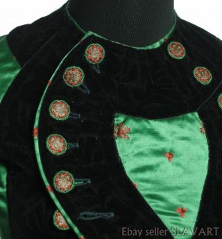 STUNNING German Folk Costume jacket antique silk handmade buttons green red Xmas 3