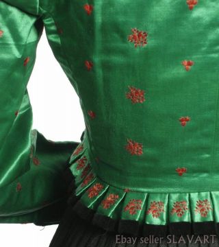STUNNING German Folk Costume jacket antique silk handmade buttons green red Xmas 5