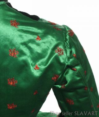 STUNNING German Folk Costume jacket antique silk handmade buttons green red Xmas 6