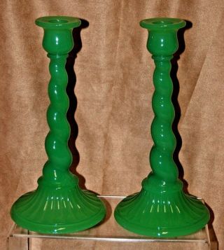 Vintage Fenton Jadeite Green Twist Candlesticks Candle Holders Glass