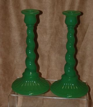 Vintage FENTON Jadeite Green Twist Candlesticks Candle Holders Glass 2