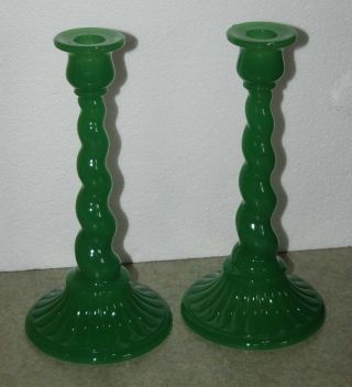 Vintage FENTON Jadeite Green Twist Candlesticks Candle Holders Glass 3