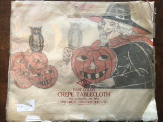 Vintage Halloween Crepe Paper Tablecloth Witch Pumpkin Decoration Nos