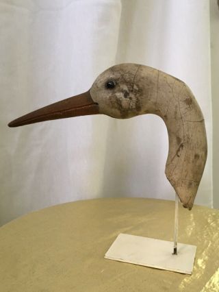 Duck Hunting Decoy Wood Antique? Primitive Long Beak Duck Head On Stand