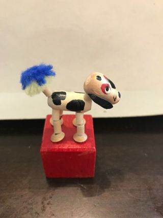 Vintage Wooden Spotted Dog Push Puppet Pompom Tail Made in Italy 3 