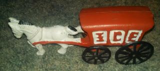 Vintage Cast Iron Ice Wagon Truck With Black Wheels Red Letters Horse Pulled