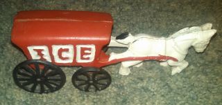 Vintage Cast Iron Ice Wagon Truck with Black Wheels Red Letters Horse Pulled 2