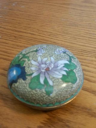 Antique Chinese Green & Gold Cloisonne Enameled Covered Round Box Lotus Pattern