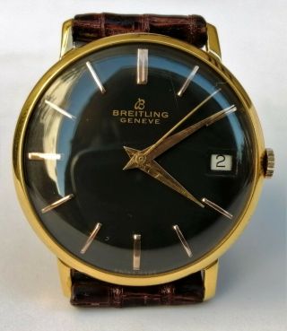 Vtg Breitling Geneve Calendar Black Dial 18 Kts Gold Plated Case Circa 1950