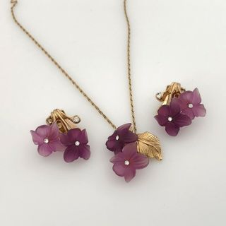 Vintage Christian Dior Purple Lucite Flower Necklace Earrings Set Rhinestone