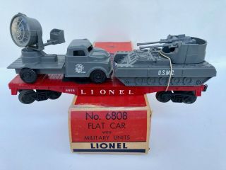 Vintage Lionel 6808 Flat Car W/ Usmc Antiaircraft Tank & Searchlight Truck Boxed