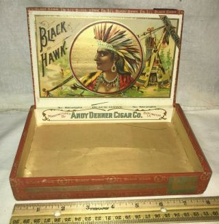Antique Black Hawk Wood Cigar Box Vintage Tobacco Native American Indian Chief