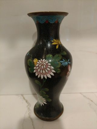 7 3/4 Inch Cloisonne Vase - Floral Pattern With Black Enamel