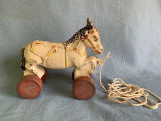 Vintage Antique Pull Toy Horse On Wood Wheels Compo 5” Made Usa Prances Up Down