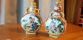 Two Vintage Erotic Hand Painted Chinese Snuff Bottles With Dynasty Mark Beneath