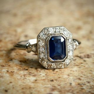 Art Deco 2.  75 Carat Blue Sapphire Emerald Cut Vintage 925 Silver Wedding Ring