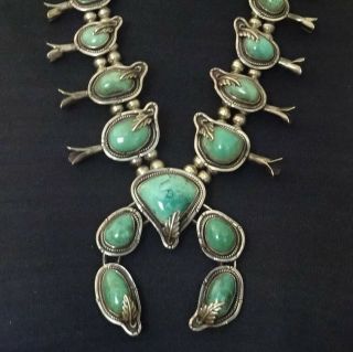Vintage Navajo Sterling Silver & Carico Lake Turquoise Squash Blossom Necklace
