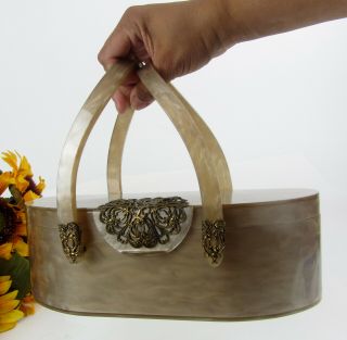 Vintage 1950s Wilardy Antique Filigree Curved Lucite Purse Handbag Beige
