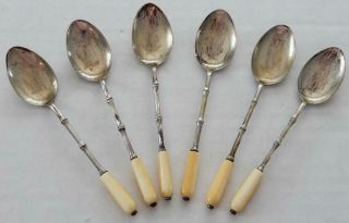 1900s 6 Chinese Export Silver Demitasse Spoons - Bamboo Design,  Bone - Tone Handle