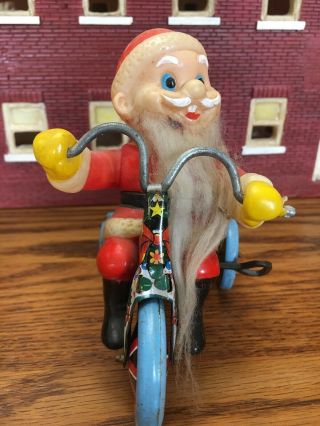 Vintage Santa On A Bike Tin Mechanical Wind Up Rare Work  2