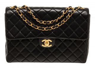 32 - 10 Chanel Black Lambskin Leather Vintage Jumbo Flap Bag