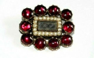 Antique Victorian 9ct Gold Garnet & Seed Pearls Memorial Brooch / Pin.  1857