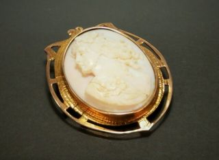 Antique Vintage 10k Gold Pink Shell Cameo Pendant Brooch Left Facing Large 21g