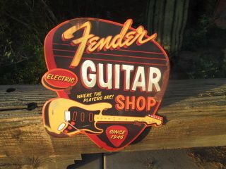 Fender Guitar Shop Electric Large Vintage Look Sign Metal Embossed Licensed Cool