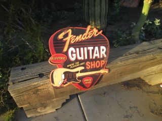 Fender Guitar Shop Electric LARGE Vintage Look Sign Metal Embossed licensed Cool 2