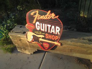 Fender Guitar Shop Electric LARGE Vintage Look Sign Metal Embossed licensed Cool 3