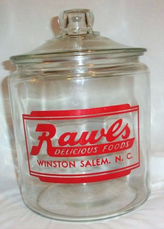 Vintage Rawls Delicious Foods Winston Salem NC Clear Glass Advertising Store Jar 8