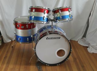 Vintage 1976 Ludwig " Red,  Silver,  Blue " Sparkle Drum Kit 22,  12,  13,  16.  3ply