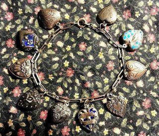 Vintage Hairpin Sterling Silver Charm Bracelet With 10 Puffy Heart Charms,  7.  25 "