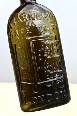 Antique Vintage 1900s Warners Safe Cure London Safe Pict Olive Green Cure Bottle