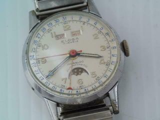 VINTAGE MENS ELOGA SWISS MOONPHASE WRIST WATCH DAY,  MONTH,  DATE DIAL $9.  99 2