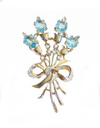 1948 Trifari,  Alfred Philippe Sterling Flower Brooch,  Glass Aquamarines,  R/s