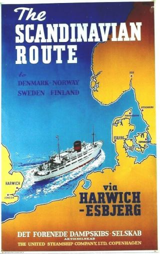 Vintage Poster Scandinavian Route England - Denmark 1949