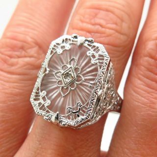 Antique Art Deco Sterling Silver Rhinestone Camphor Glass Ornate Filigree Ring