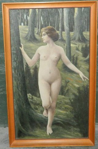 Vintage Oil Painting Of Young Nude Woman In Forest