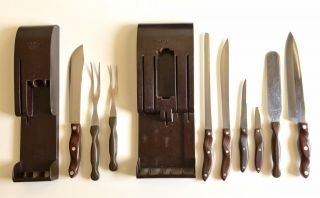 Cutco 9 Pc Vintage Kitchen Knife Cutlery Set,  Brown Handles,  2 Wall Racks,  Usa