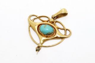 A Pretty Antique Edwardian Arts & Crafts 9ct Yellow Gold Turquoise Pendant 13727