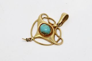 A Pretty Antique Edwardian Arts & Crafts 9ct Yellow Gold Turquoise Pendant 13727 2