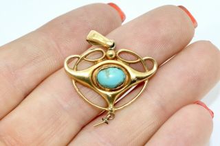 A Pretty Antique Edwardian Arts & Crafts 9ct Yellow Gold Turquoise Pendant 13727 4